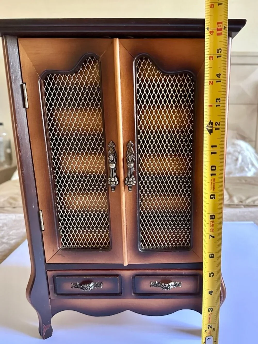 Vintage Solid Wood Sankyo-Japan Musical Jewelry Box Armoire With Drawers